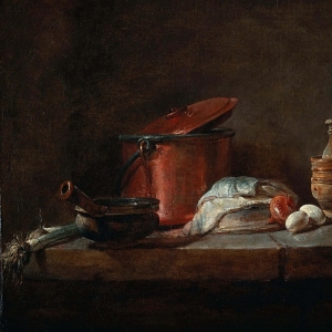 Жан Батист Симеон Шарден - Кухонная утварь с луком, рыбой и яйцами