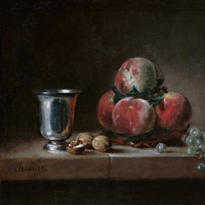 Жан Батист Симеон Шарден - Натюрморт с персиками, серебряным кубком, виноградом и грецкими орехами