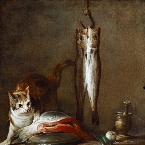 Жан Батист Симеон Шарден - Кошка с куском лосося, две макрели, ступка и пестик