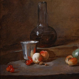 Жан Батист Симеон Шарден - Графин вина, серебряный кубок, пять вишен, два персика, абрикос и зеленое яблоко