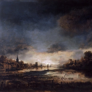 Арт ван дер Неер - Речной пейзаж на закате