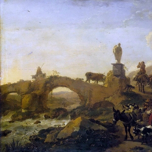 Николас Берхем - Итальянский пейзаж с мостиком