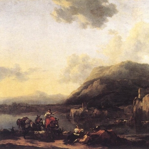 Николас Берхем - Пейзаж с мулами близ брода