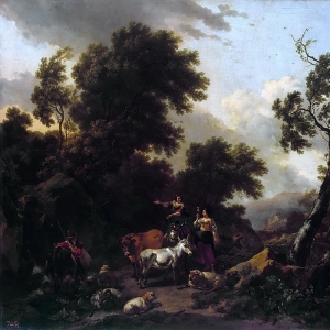 Николас Берхем - Итальянский пейзаж с двумя девушками и стадом