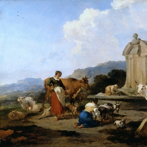 Николас Берхем - Крестьяне с домашним скотом у древнеримского источника