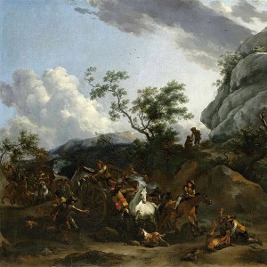 Николас Берхем - Горный пейзаж с путниками, попавшими в засаду