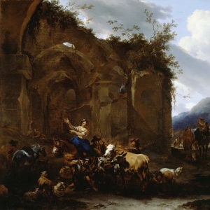 Николас Берхем - Пастухи со стадом и кузнец у римских руин