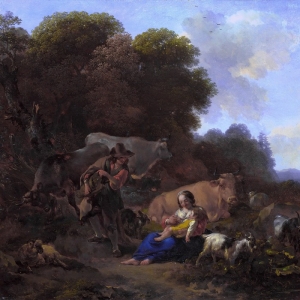 Николас Берхем - Пейзаж с пастухами (Шарманщик, играющий женщине с ребенком)