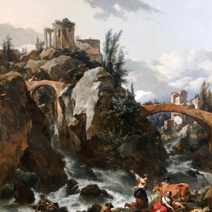 Николас Берхем - Пейзаж с водопадом и храмом Сивиллы в Тиволим