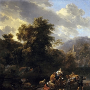 Николас Берхем - Итальянский пейзаж с фигурами и животными на берегу реки
