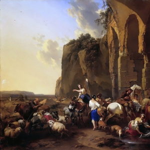 Николас Берхем - Итальянский пейзаж с пастухами и стадом у римских руин