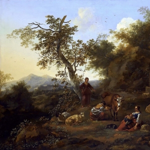 Николас Берхем - Пасторальный пейзаж с дояркой и пастухом, играющим на флейте