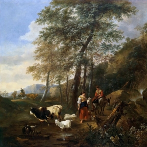 Николас Берхем - Горный лесистый пейзаж с крестьянами и их домашним скотом