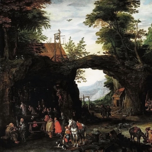Ян Брейгель Младший - Пейзаж со сценой католической мессы в гроте (Отшельники)