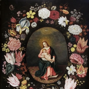 Ян Брейгель Младший - Мадонна с Младенцем и Святым Духом в обрамлении венка из цветов