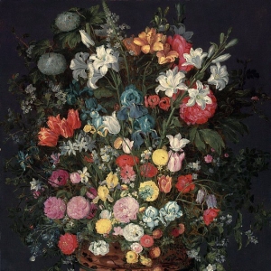 Ян Брейгель Младший - Лилии, ирисы, тюльпаны розы, первоцветы и пионы в вазе, украшенной фигурами Цереры и Амфитриты