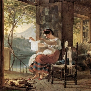 Итальянка, ожидающая ребенка, разглядывает рубашку, муж сколачивает колыбель. 1831