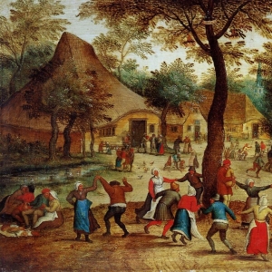 Сельская сцена с танцующими вокруг дерева