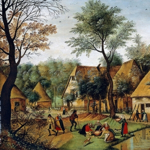 Деревенский пейзаж с обедающими крестьянами 
