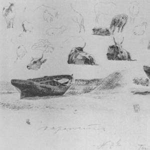 Набросок лодок и коров. 1890