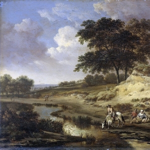 Ян Вейнантс - Пейзаж с всадником, лошадь которого пьет из реки, 1655-1684
