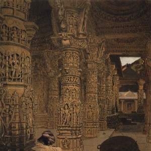 Колоннада в Джайнском храме на горе Абу вечером