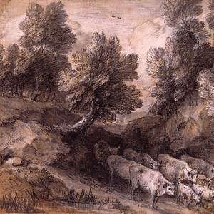 Лесной пейзаж с крупным рогатым скотом и козами