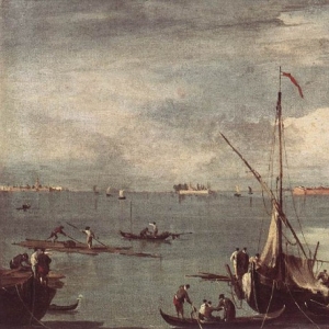 Франческо Гварди - Лагуна с лодками, гондолами и плотами