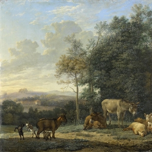 Дюжарден Карел - Два осла, козлята и свиньи на фоне пейзажа