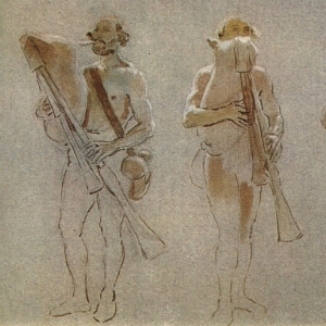 Три фигуры, играющих на волынке