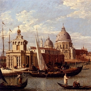 Каналетто Антонио - Вид на Большой Канал и церковь Санта Мария делла Салуте с лодками и фигурами на переднем