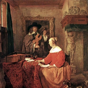 Метсю Габриель - Женщина, сидящая за столом, и мужчина, настраивающий скрипку