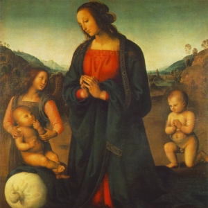 Пьетро Перуджино - Мадонна, ангел и маленький Иоанн Креститель, поклоняющиеся Христу (Мадонна дель Сакко), 1490-е