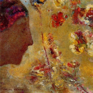 Одилон Редон - Профиль женщины с бабочкой и цветами