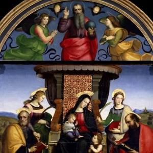 Рафаэль Санти - Мадонна с Младенцем на троне со святыми, ангелами и Бог-Отец в люнете
