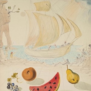 1956 Натюрморт с фруктами и кораблем (75 х 50 см) (акварель) (ч.с.)