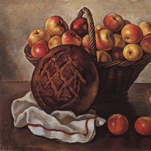 Натюрморт с яблоками и круглым хлебом. 1948