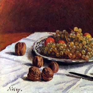 Сислей, Альфред. Натюрморт, виноград и орехи. Около 1880. 38 x 55,5 см. Холст, масло. Импрессионизм. Франция.