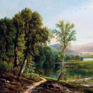 Эдмунд Льюис. Фигуры людей, идущих вдоль реки (1876)