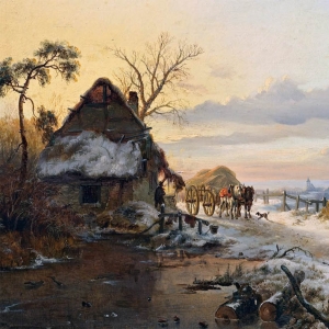 Круземан Фредерик. Зимний пейзаж с лошадьми и телегой (1846)