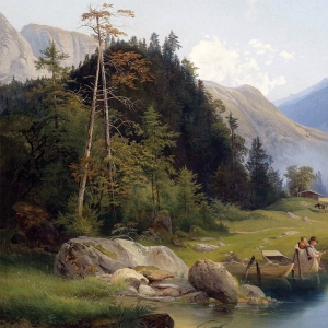 Хольцер Йозеф. Горный пейзаж с домиком и прудом