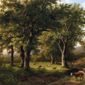 Куккук Баренд Корнелис. Лесной пейзаж с пастухами и коровами (1857)