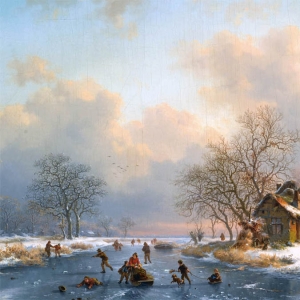 Круземан Фредерик. Зимний пейзаж с конькобежцами на замерзшей реке (1867)