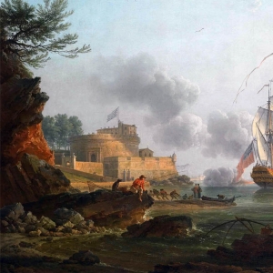 Верне Клод Жозеф. У входа в порт с кораблем, стреляющим залпом (1761) 